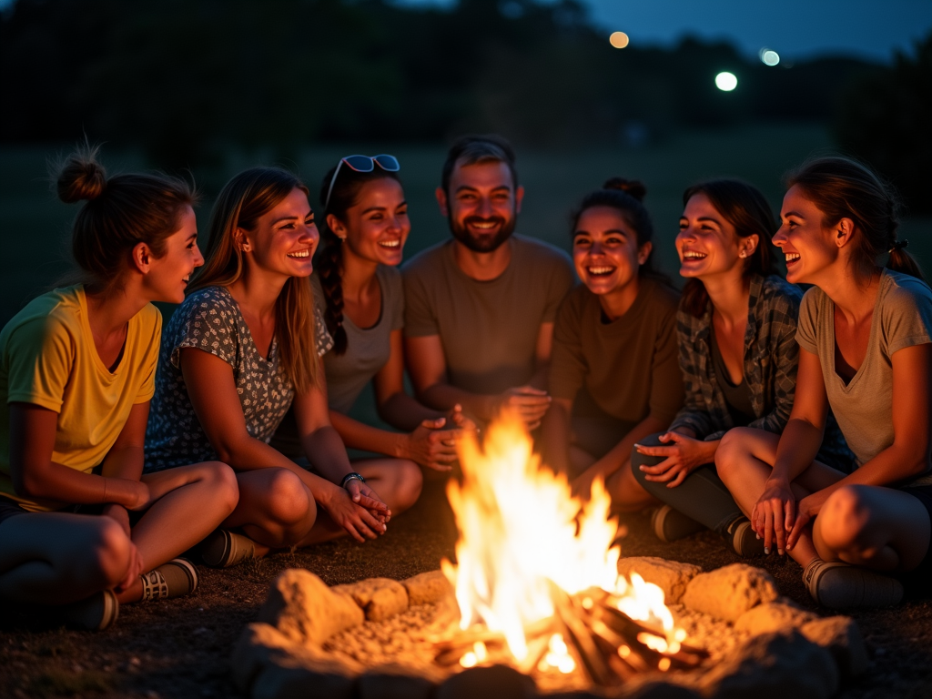 Volunteers bonding around a campfire