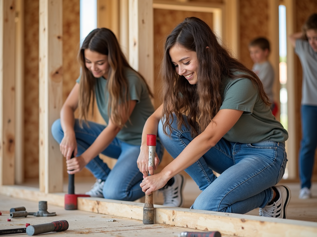 Students building a house in a service learning project