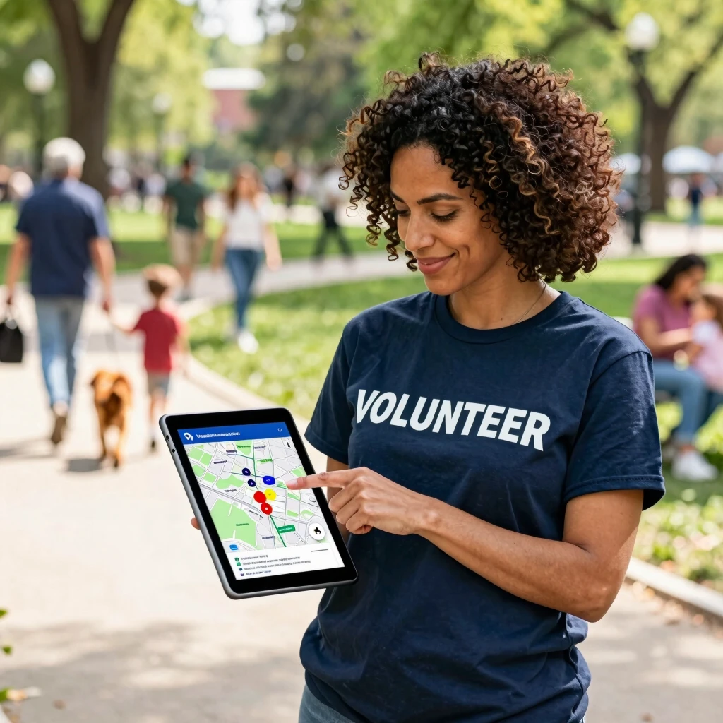 Volunteer using a tablet to map campaign outreach in a park