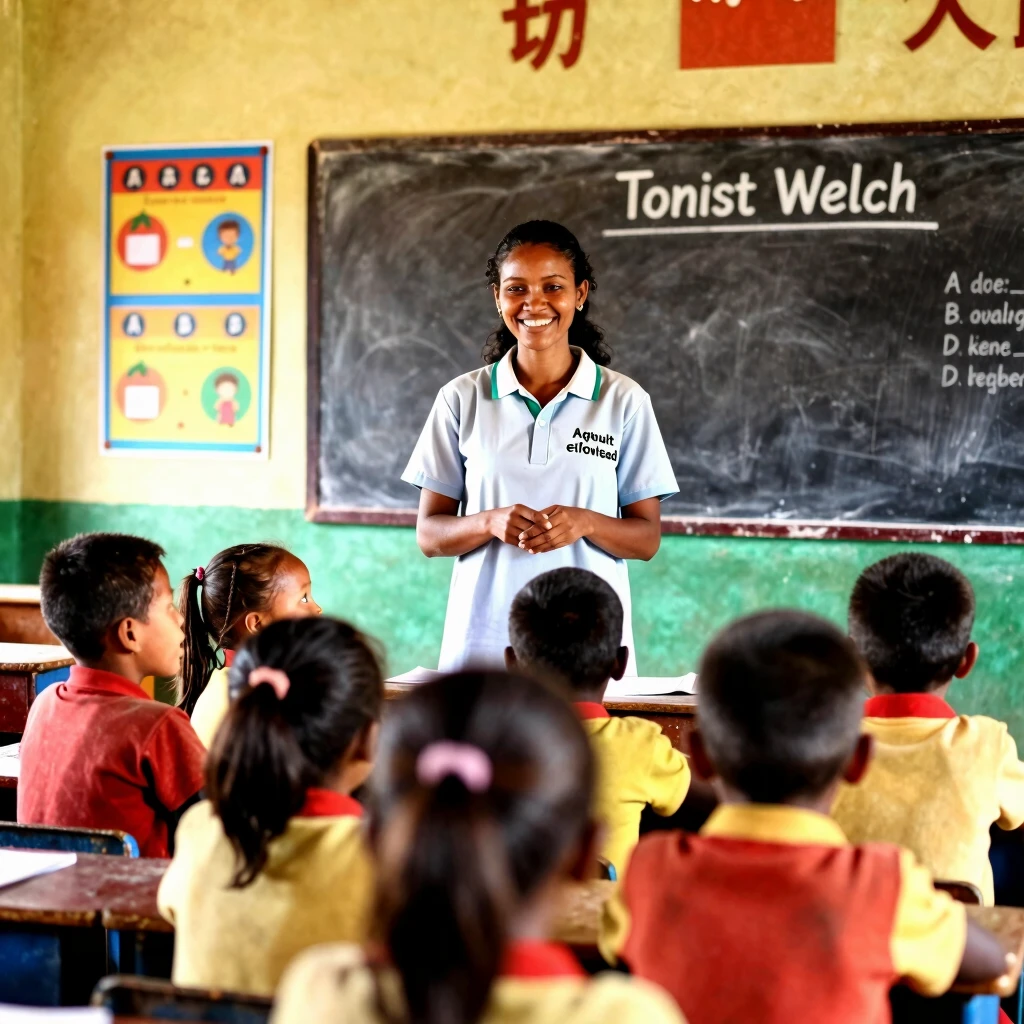 Volunteer teaching children in a classroom abroad