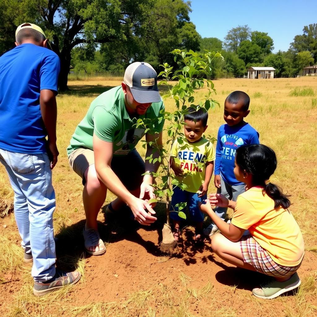 Volunteer planting tree with kids