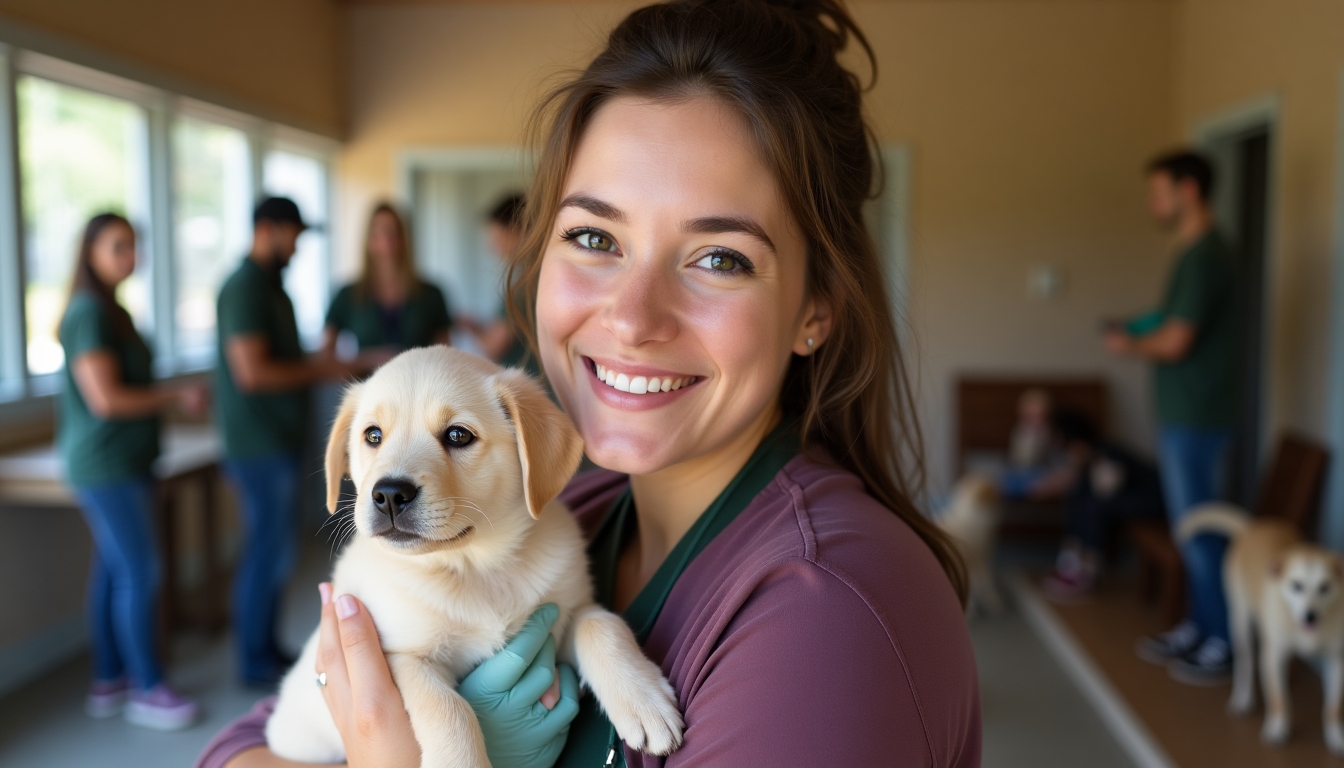 Sarah, a volunteer, bonding with a puppy at an animal shelter, illustrating personal growth through service.