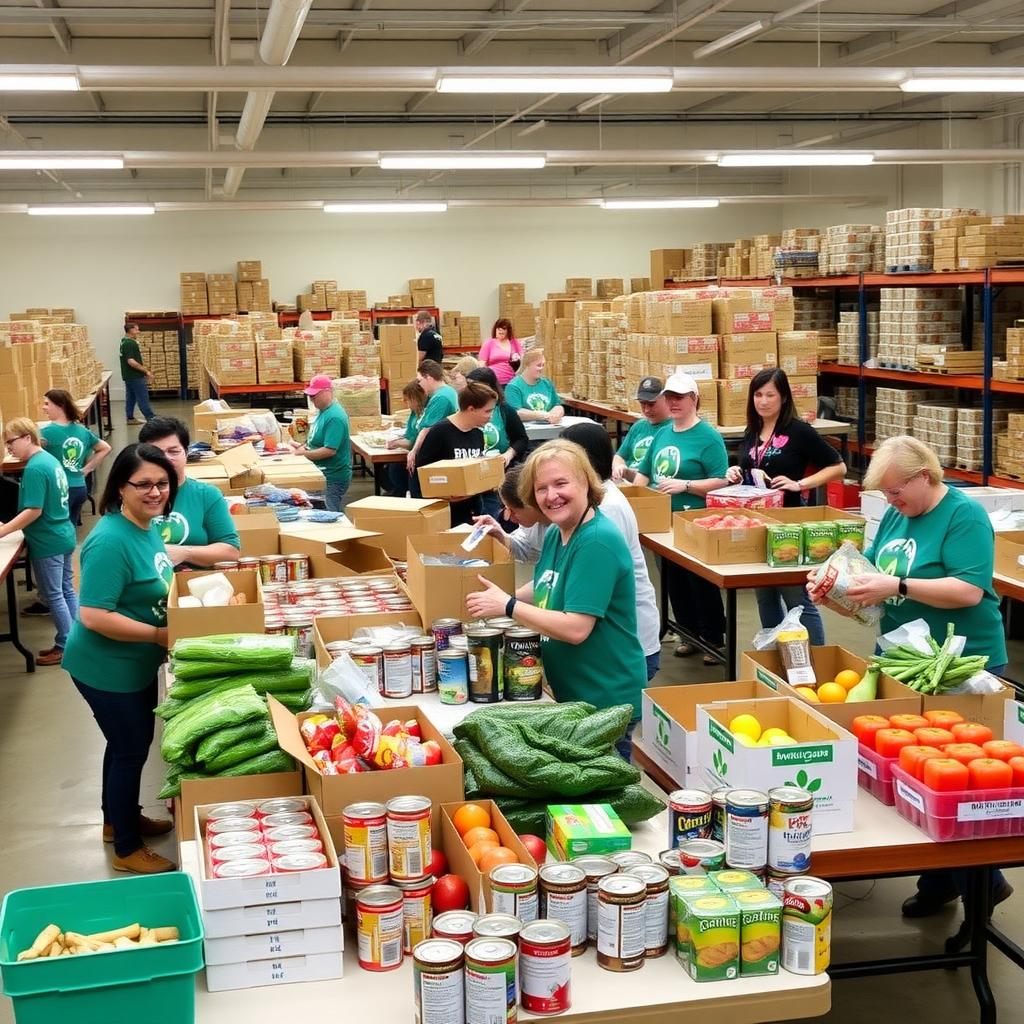 Volunteers sorting food donations in a busy, well-lit food bank warehouse.
