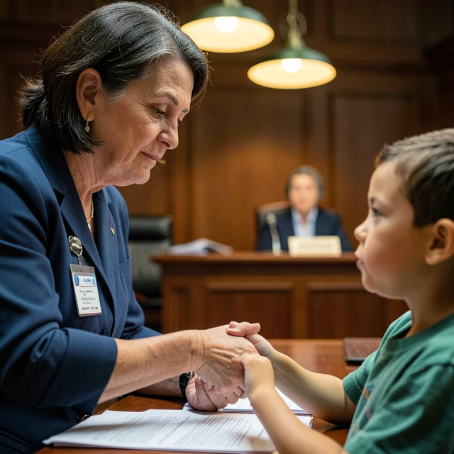 Volunteer advocate supporting a child during a court hearing