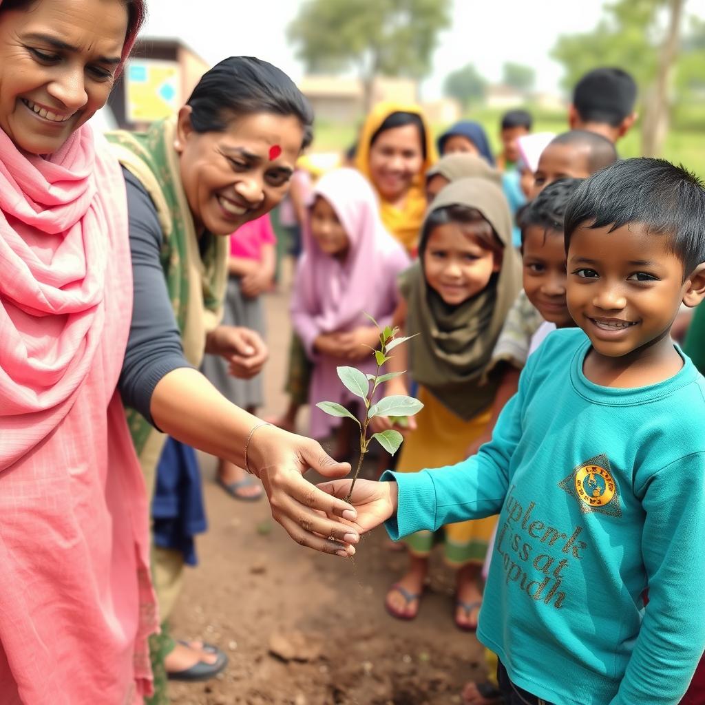 Woman and child planting a seedling together.