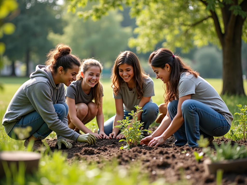 Students and teachers collaborating on a community garden project.