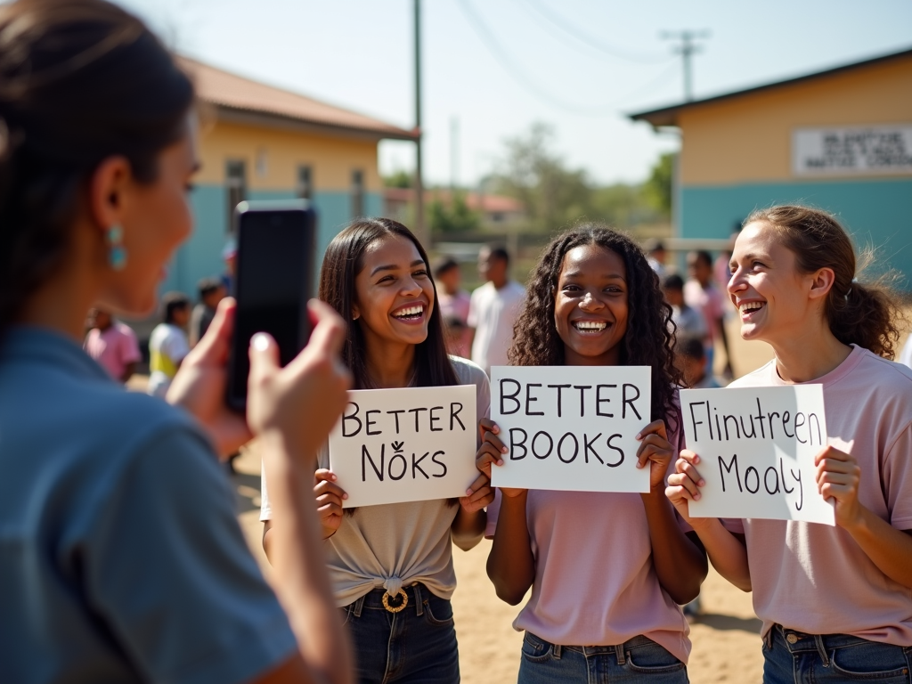 Volunteers creating a TikTok video for school funding.