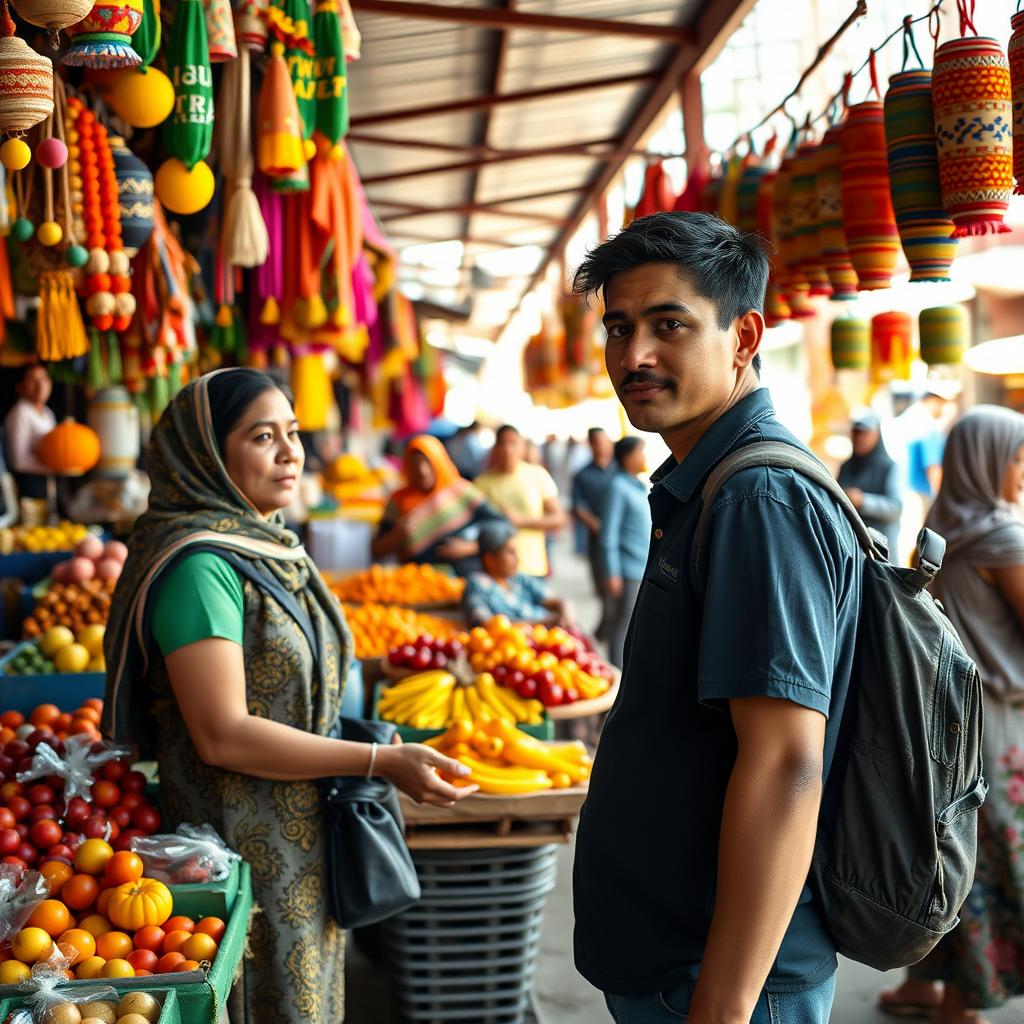 Volunteer engaging with vendors in a colorful local market