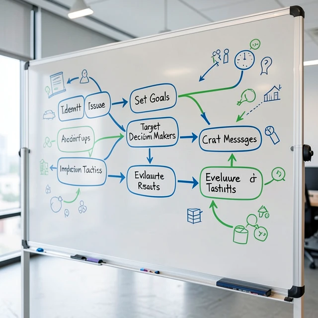 Advocacy cycle flowchart on a whiteboard showing key steps for policy change
