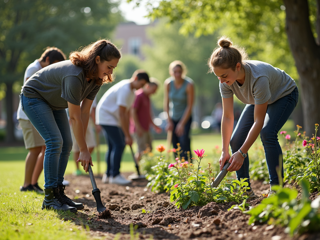 Students and community members volunteering to clean a park during a service learning project.