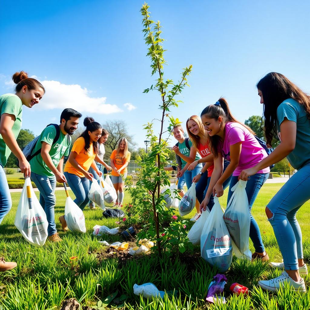 Young volunteers cleaning a park, picking up litter, and planting trees in a sunny, vibrant setting.