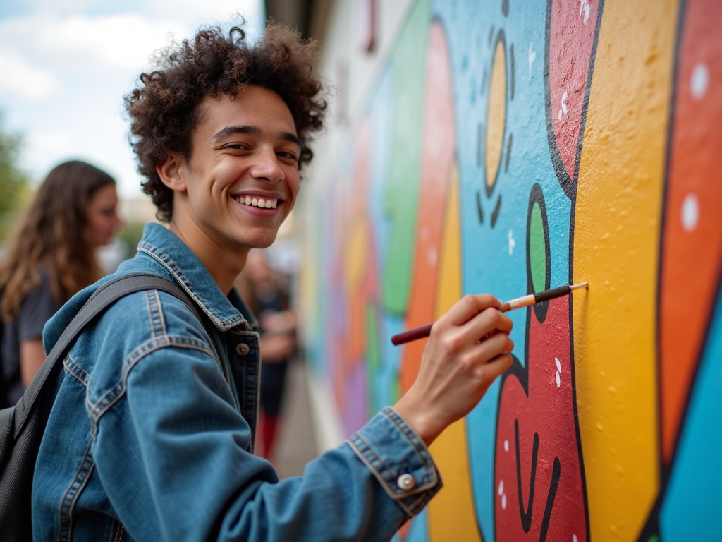College student painting mural with group at school