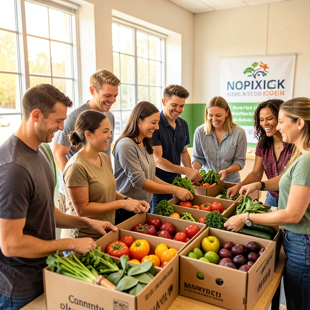 Diverse volunteers sorting food donations at a community nonprofit event