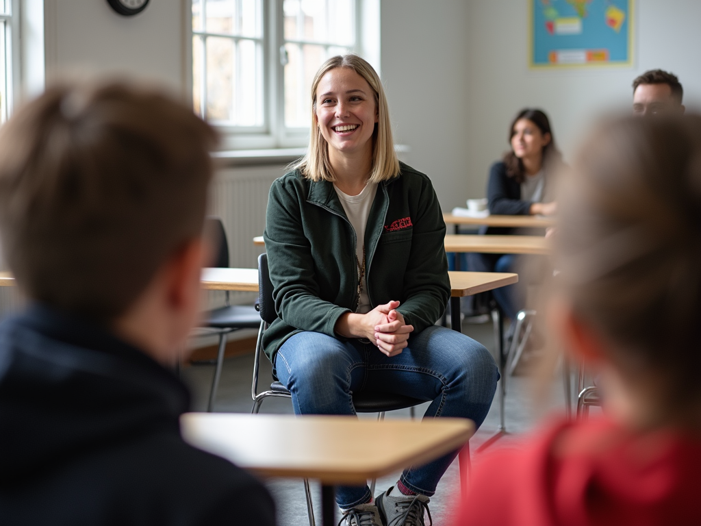 Volunteer sharing experiences with students