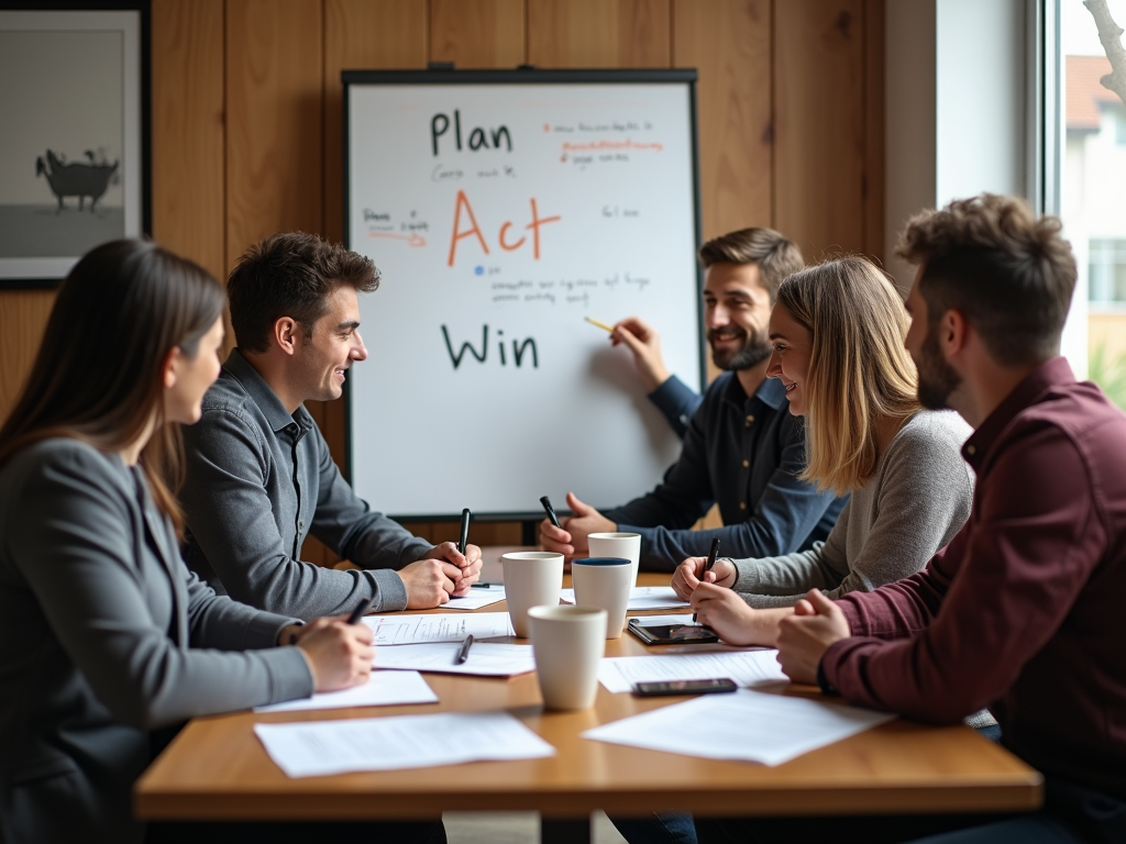 A team brainstorming advocacy ideas around a table.
