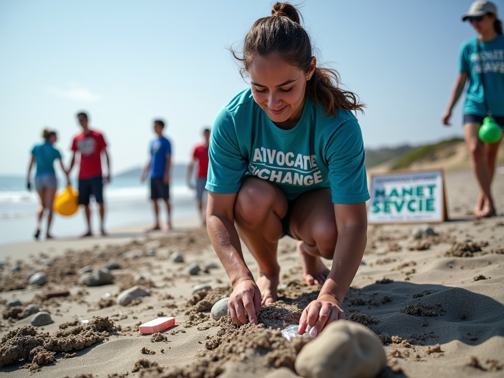 Volunteer cleaning a beach and advocating for environmental change, demonstrating the combination of service and advocacy.