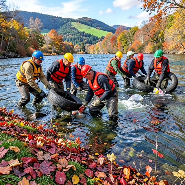 Volunteers removing waste from a riverbank