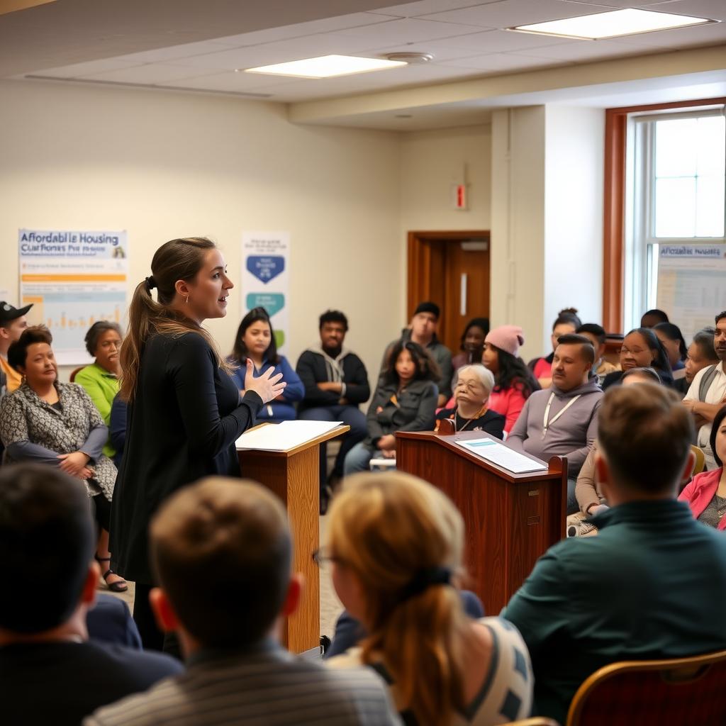 A young woman speaking at a community meeting about affordable housing, with charts on the walls.