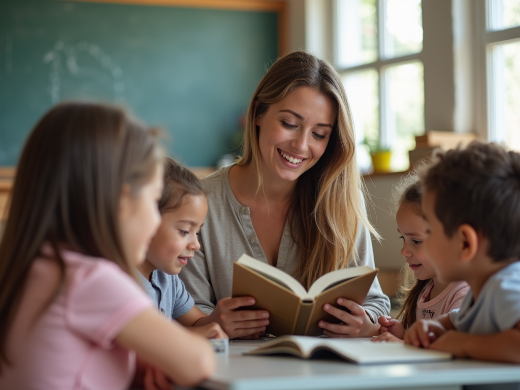 Volunteer teaching kids in a classroom