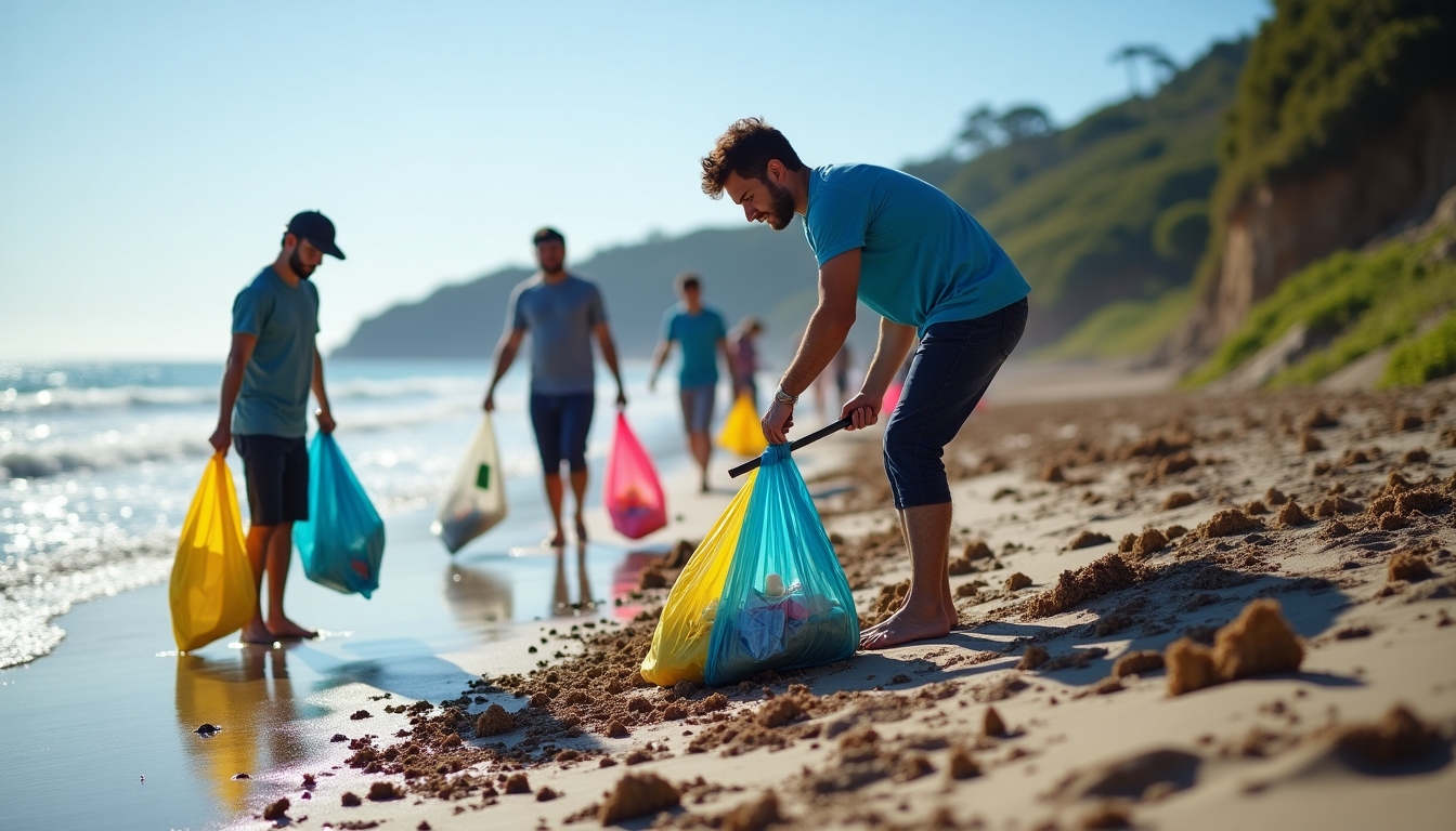 A group of volunteers cleaning a beach, collecting litter in garbage bags.