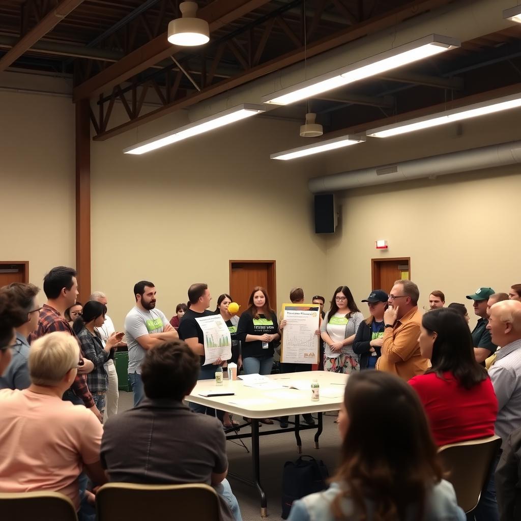 Volunteers discussing renewable energy at a town hall meeting.