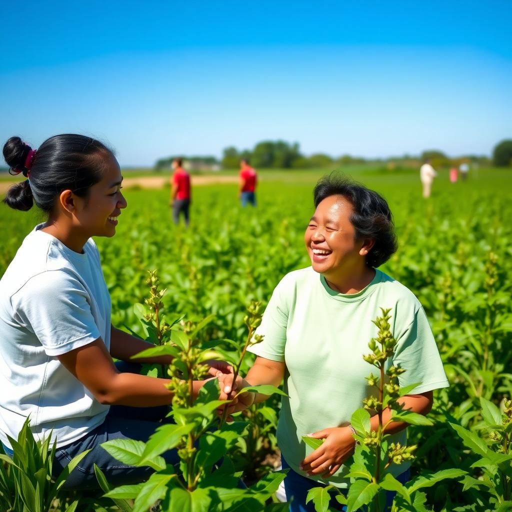 A volunteer and local community member laugh while planting trees in a green field under a clear blue sky.
