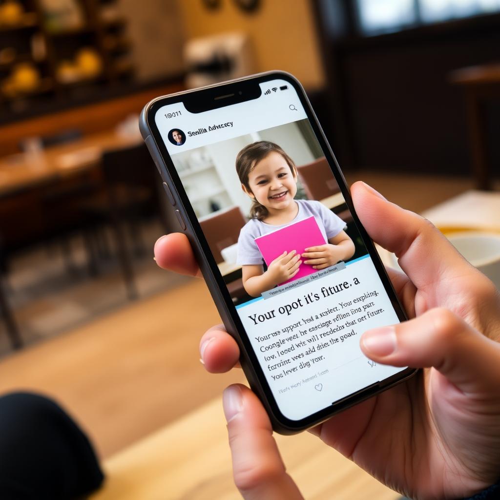 A smartphone screen showing a social media post with a child holding a book, captioned ‘Your support gave her a future,’ held by someone in a coffee shop.