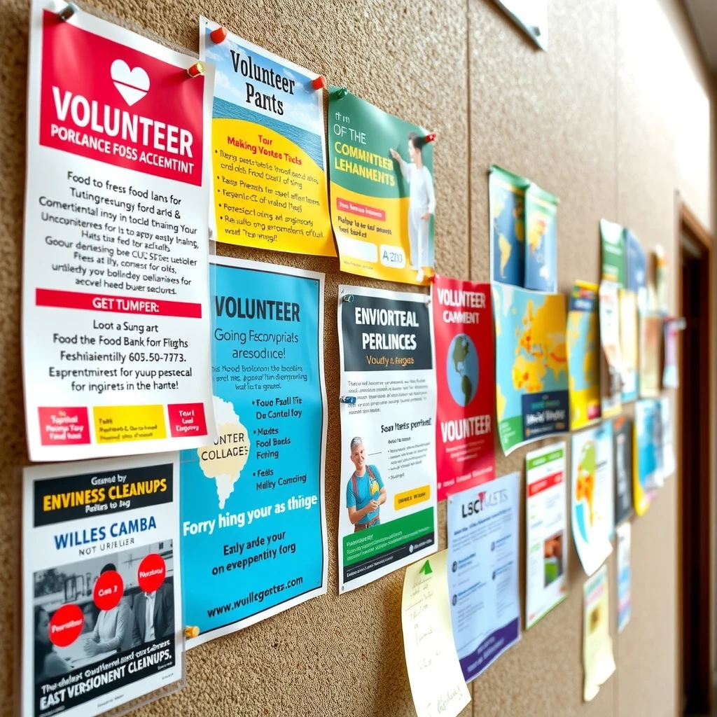 Campus bulletin board filled with volunteer opportunity flyers
