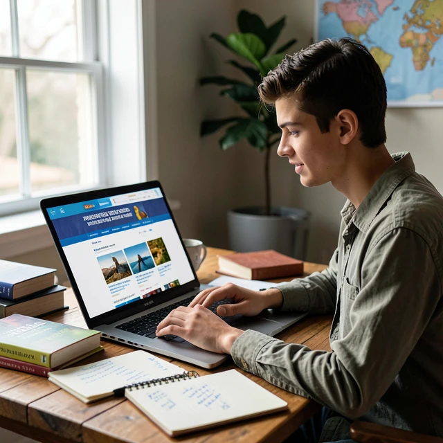 College student researching volunteer programs online