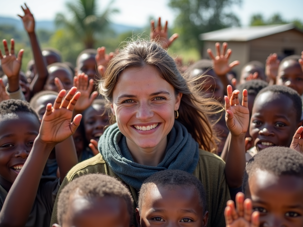 Volunteer with children in a foreign country
