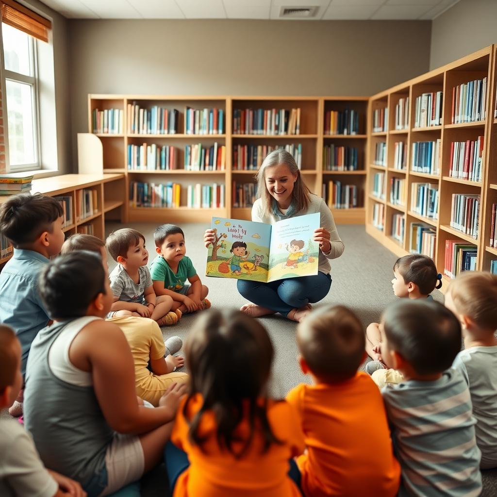 A volunteer reading a storybook to a group of children in a bright, cozy library room.