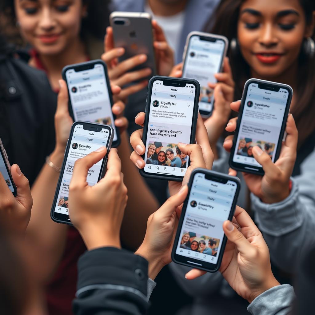 Close-up of hands holding smartphones showing social media posts with activism hashtags.