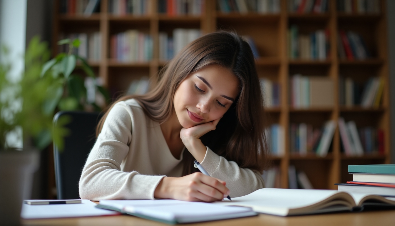 A student sitting at a desk writing reflections in a journal.