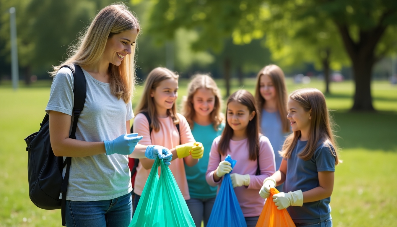 A teacher guiding students in a community cleanup activity.