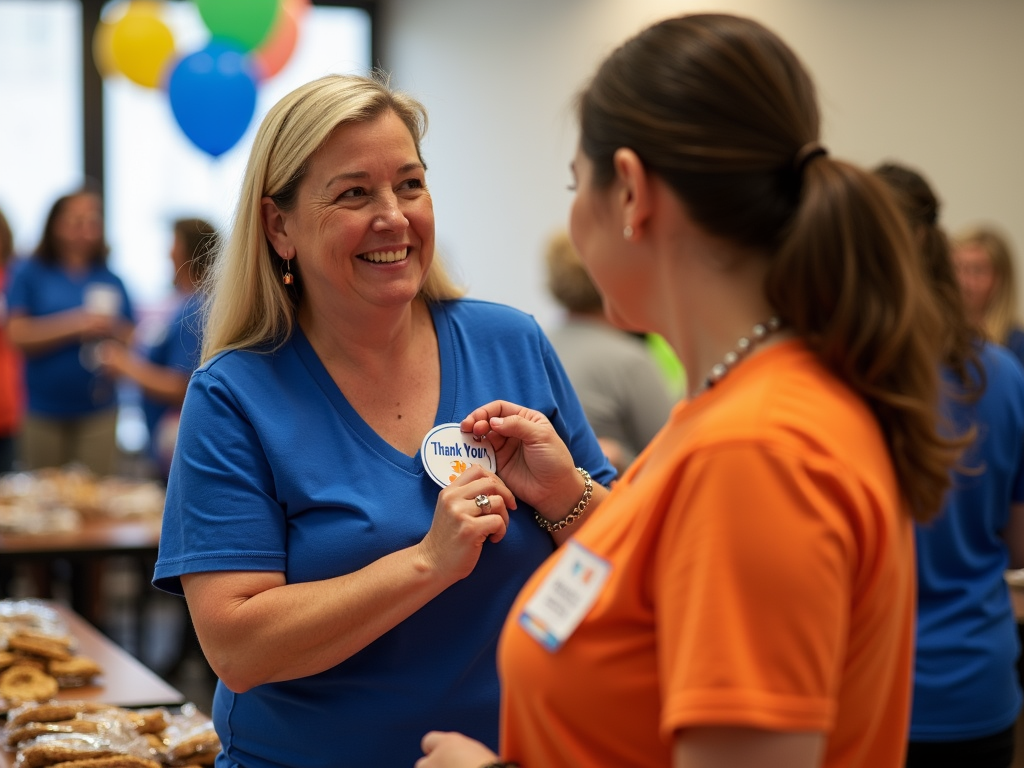 Volunteer receiving appreciation badge
