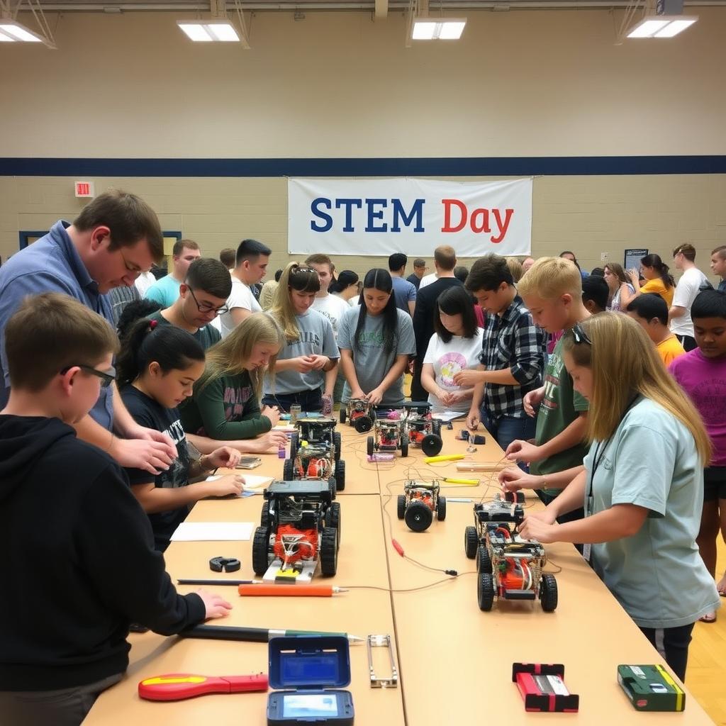 Volunteers and students work together on a robotics project during a lively STEM Day event.