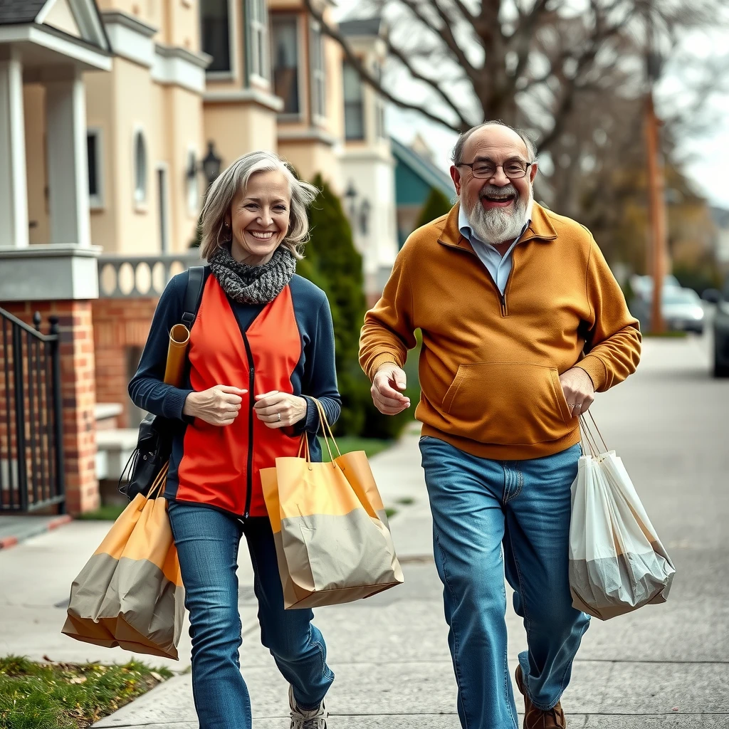 Volunteer assisting an elderly person with groceries in a touching moment