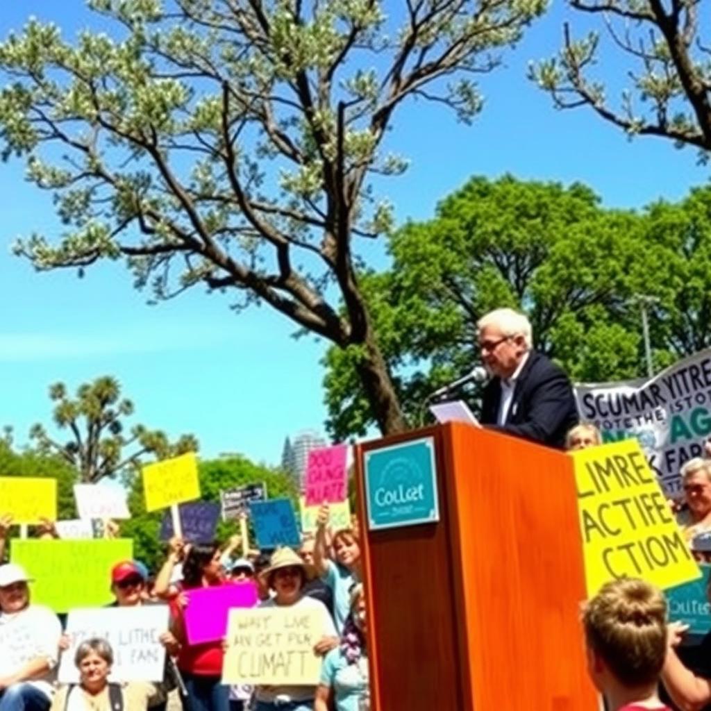 Crowd at a community rally holding signs for climate action advocacy.