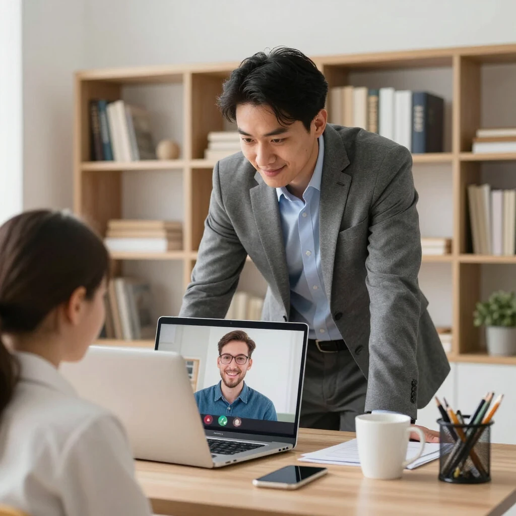 Busy professional mentoring a student virtually from home office
