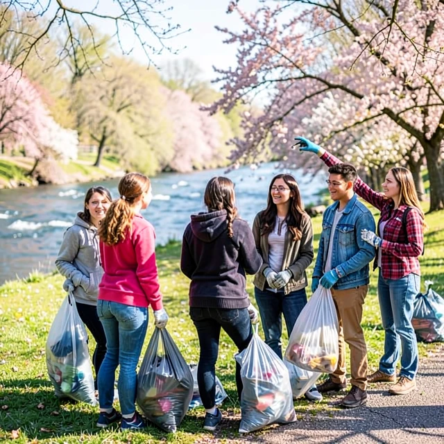 Students participating in a riverside cleanup as part of service learning