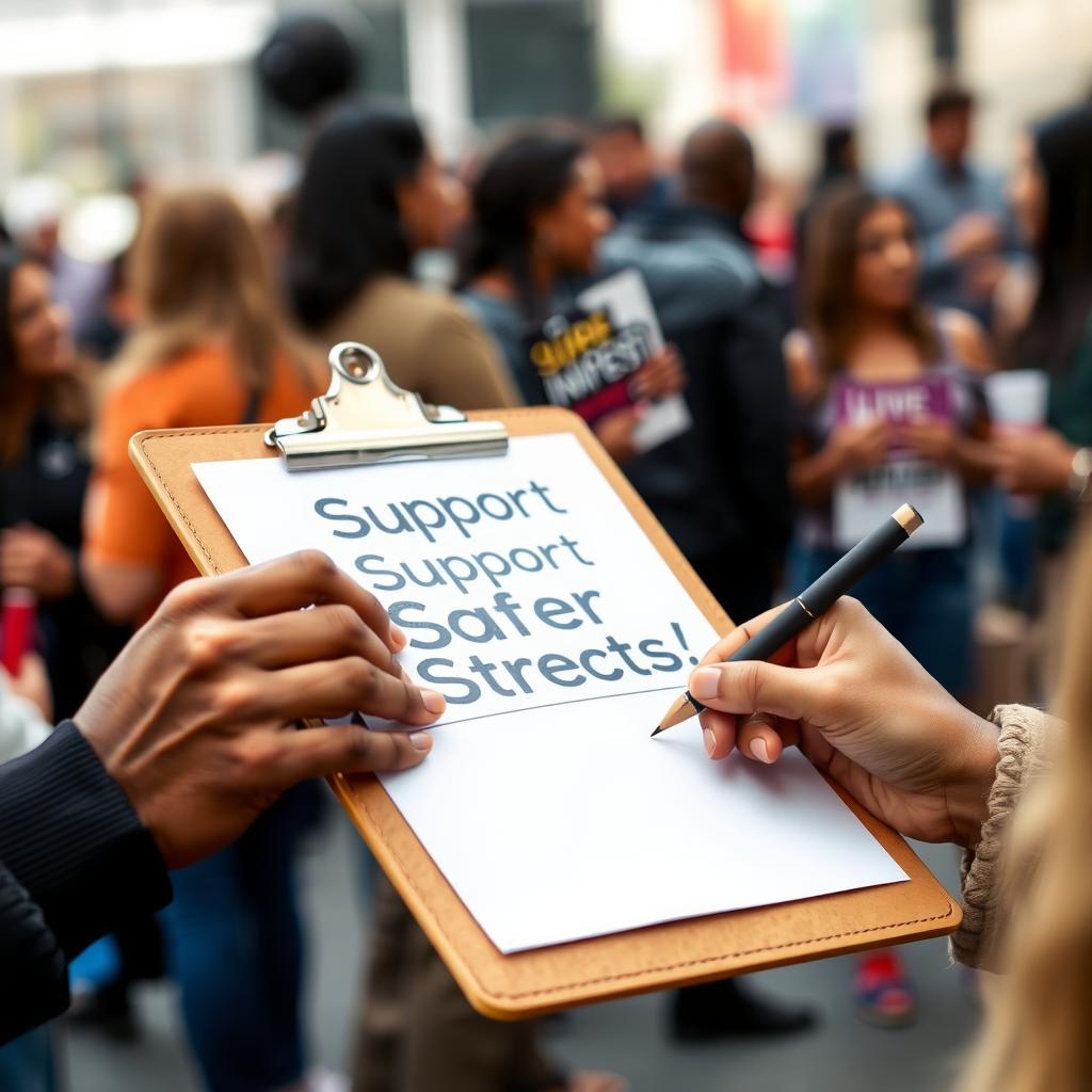 Volunteer signing a petition for safer streets at a community event