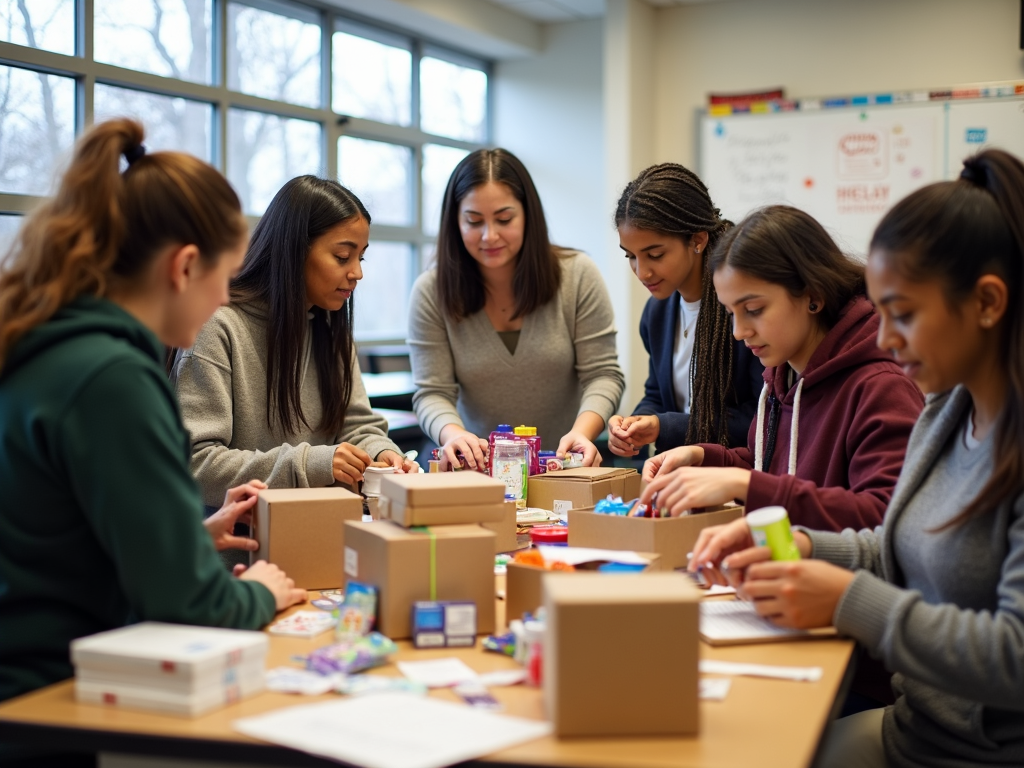 Students assembling care packages, showing service learning in action.