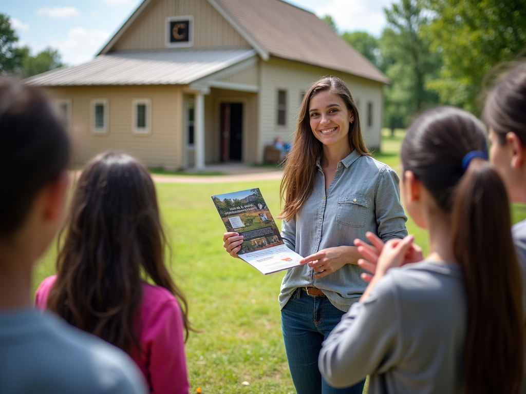 Student sharing a brochure about a local historical site during a service learning project.