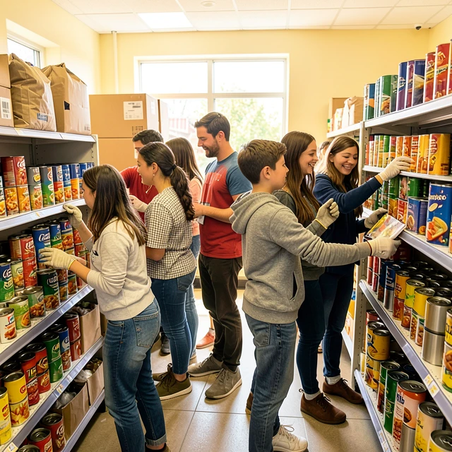 Diverse students and teacher volunteering at a community food bank as part of service learning