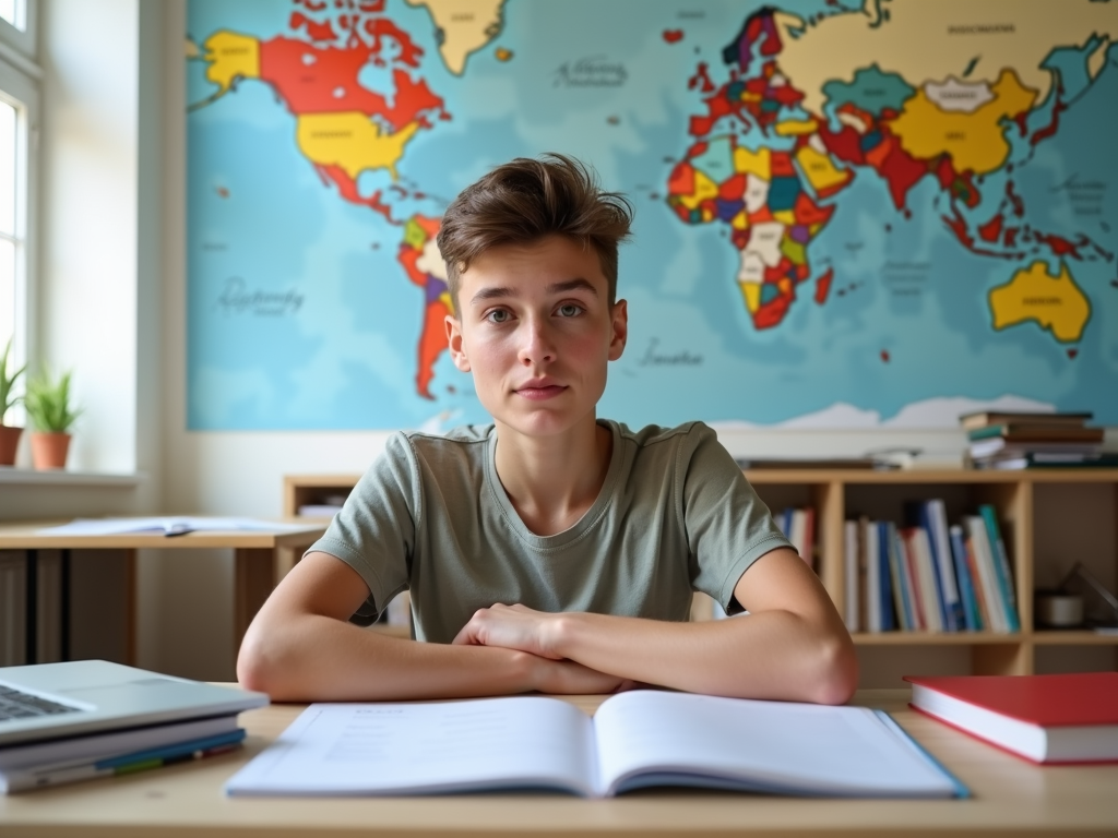 Language learner studying at desk with books and map