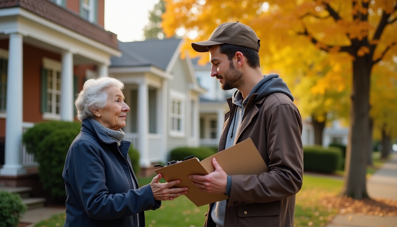 A young man canvassing, holding a clipboard, and talking to an elderly woman at her doorstep.