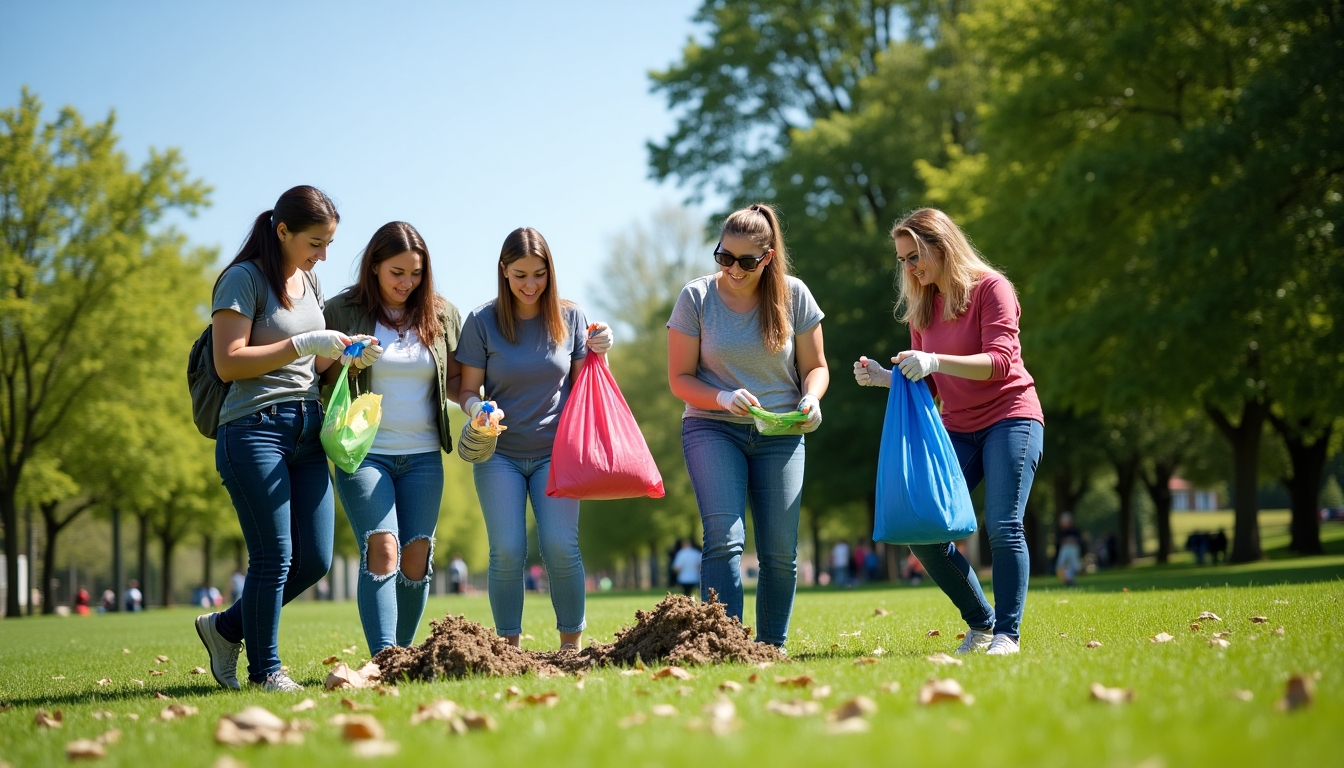 A large group of volunteers cleaning a park.