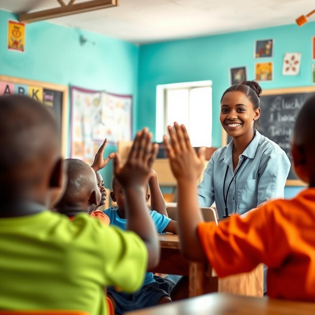 Volunteer teaching children in a colorful African classroom