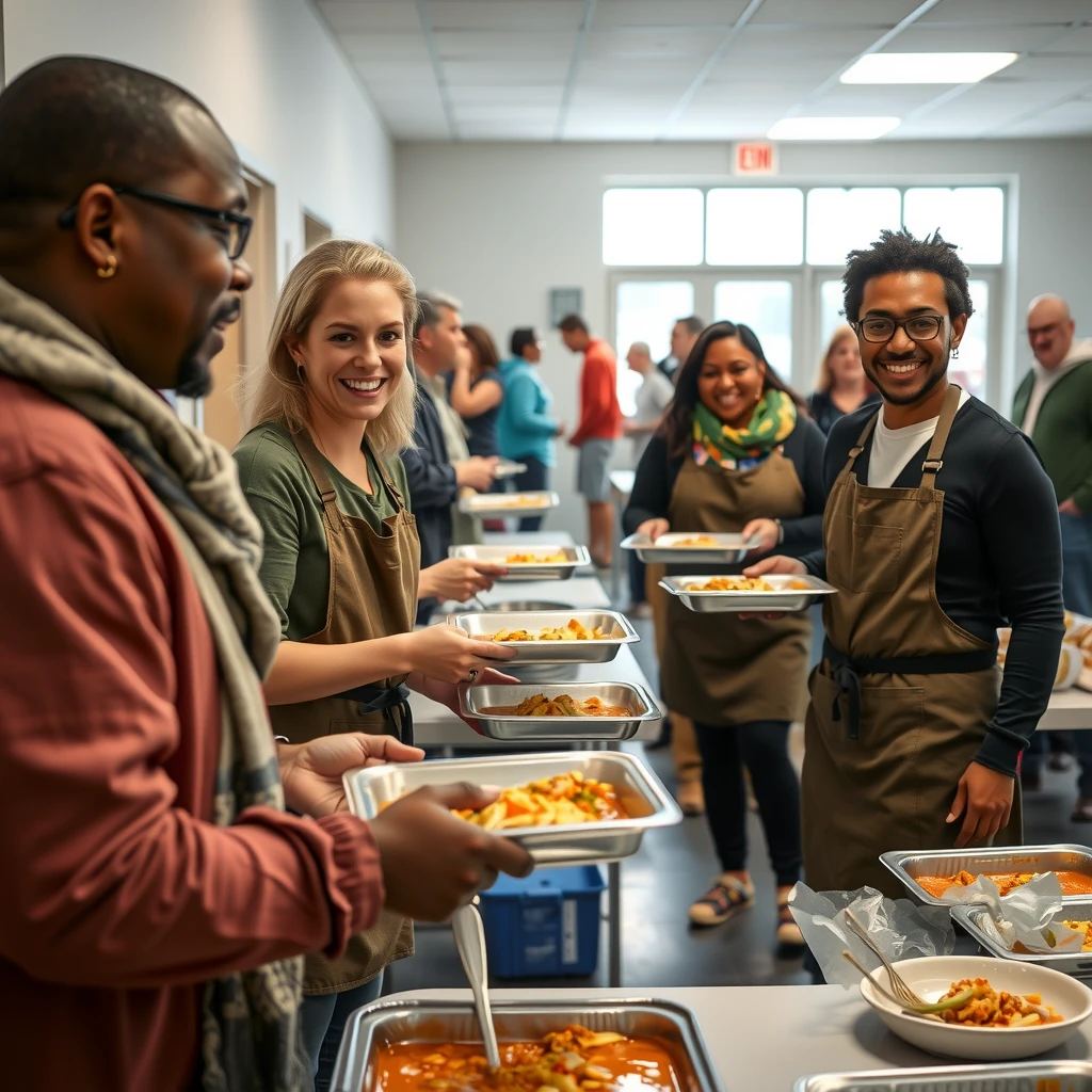 Volunteers serving meals at a local soup kitchen