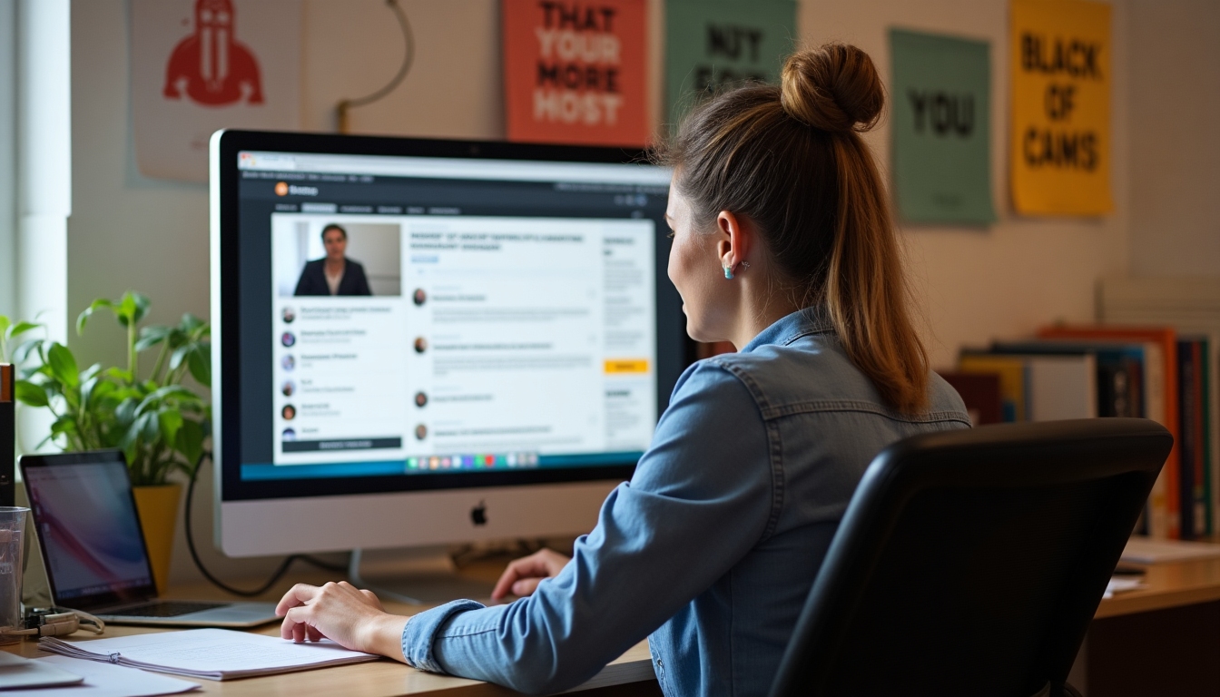 A volunteer at a computer researching details about a non-profit advocacy cause, surrounded by relevant papers.